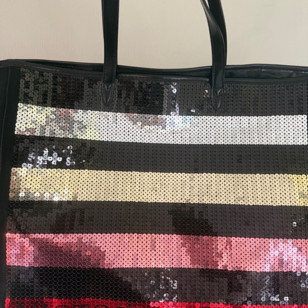 Victoria's Secret Black Tote with Silver, Cream & Pink Sequin Stripes - Picture 2 of 3